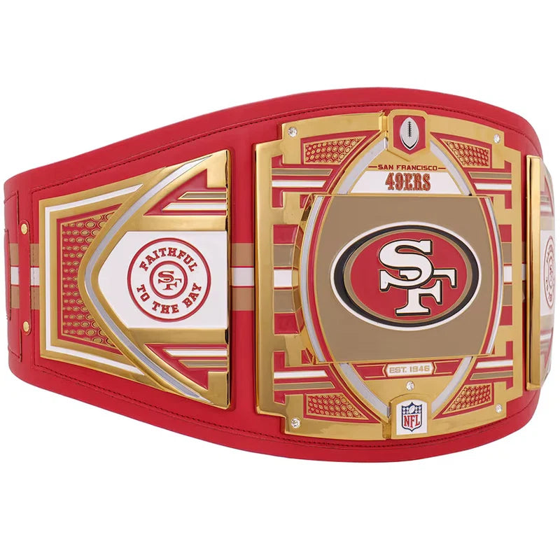 Red and gold championship belt with San Francisco 49ers logo on a white background
