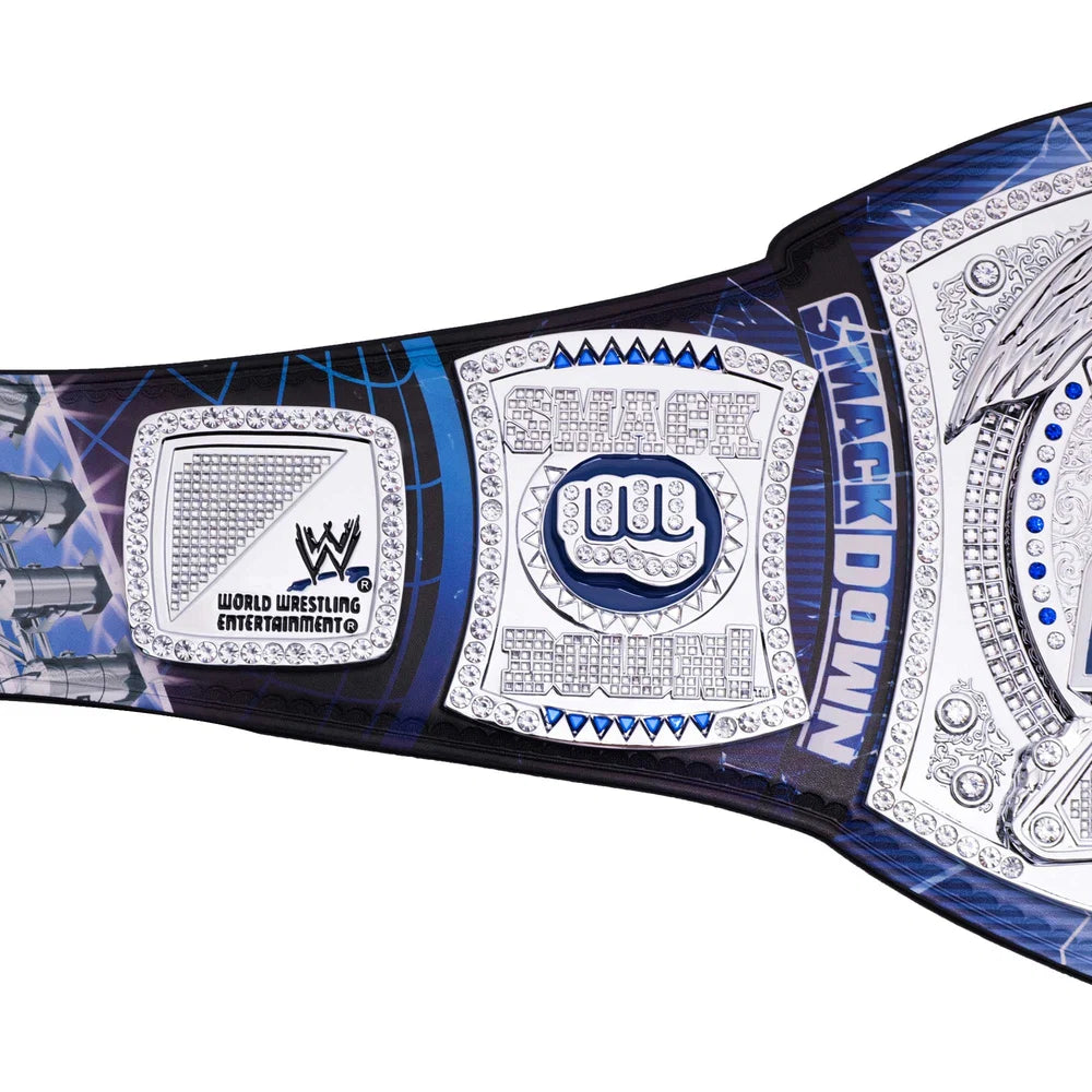 WWE championship belt with blue and black design on a white background