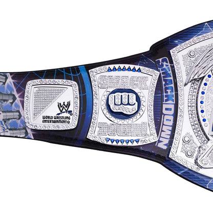 WWE championship belt with blue and black design on a white background