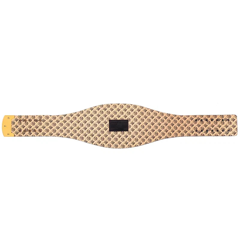 A beige and black patterned waist trainer belt with a yellow end cap and a black central patch, shown flat against a white background.