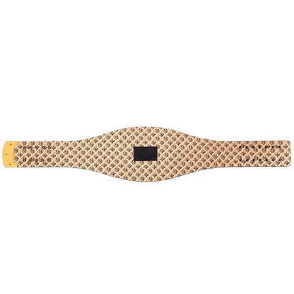 A beige and black patterned waist trainer belt with a yellow end cap and a black central patch, shown flat against a white background.