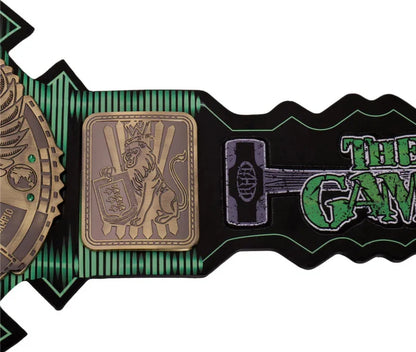 Wrestling championship belt with detailed design and 'The Game' branding.