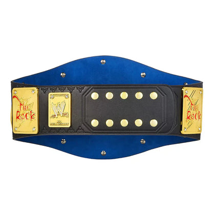 Wrestling championship belt with blue and black design, gold accents, and 'The Rock' branding.