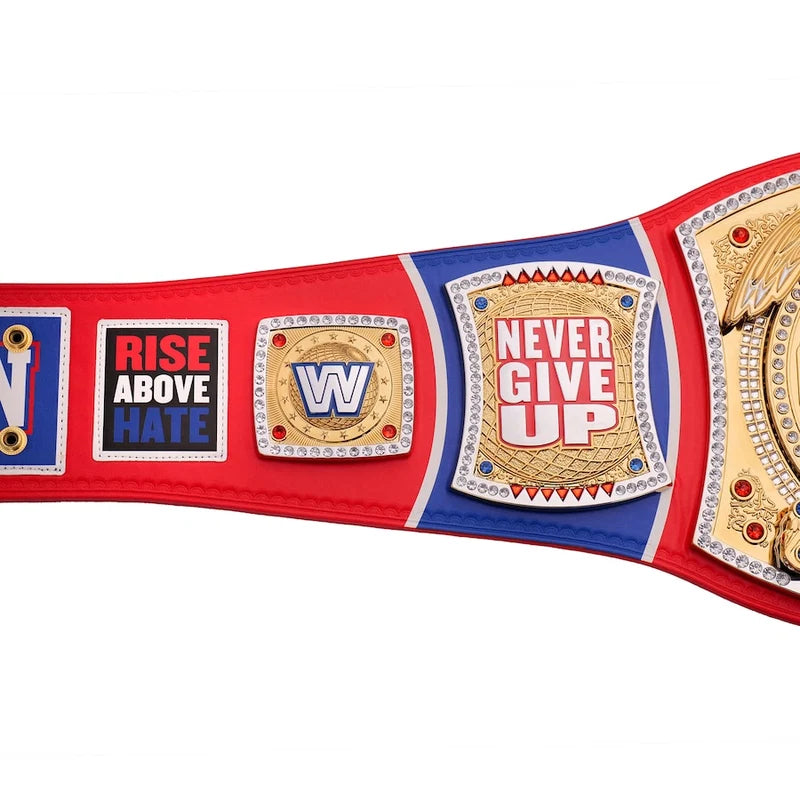 Wrestling championship belt with 'Never Give Up' and 'Rise Above Hate' text on a white background