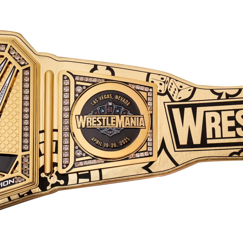 Gold championship belt with 'WrestleMania' text on a white background
