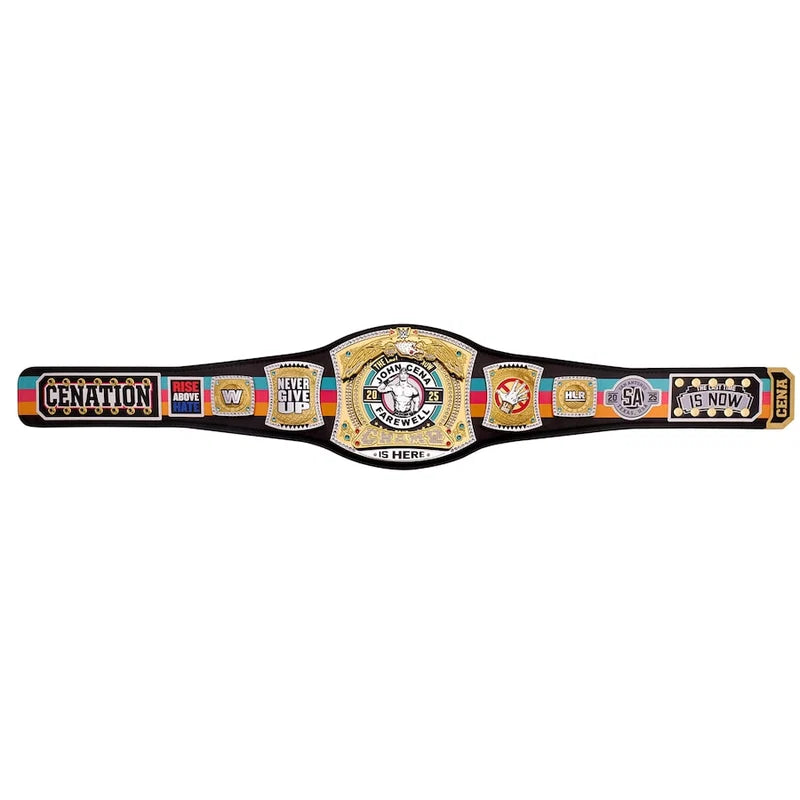 A replica or toy championship belt laid flat on a white background. The belt has a black strap with multiple gold, silver, and multicolor plates featuring various wrestling and sports event logos, including CENATION, WWE, All In, and WWE Raw.