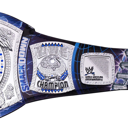 Wrestling championship belt with 'SmackDown' and 'World Wrestling Entertainment' logos on a white background