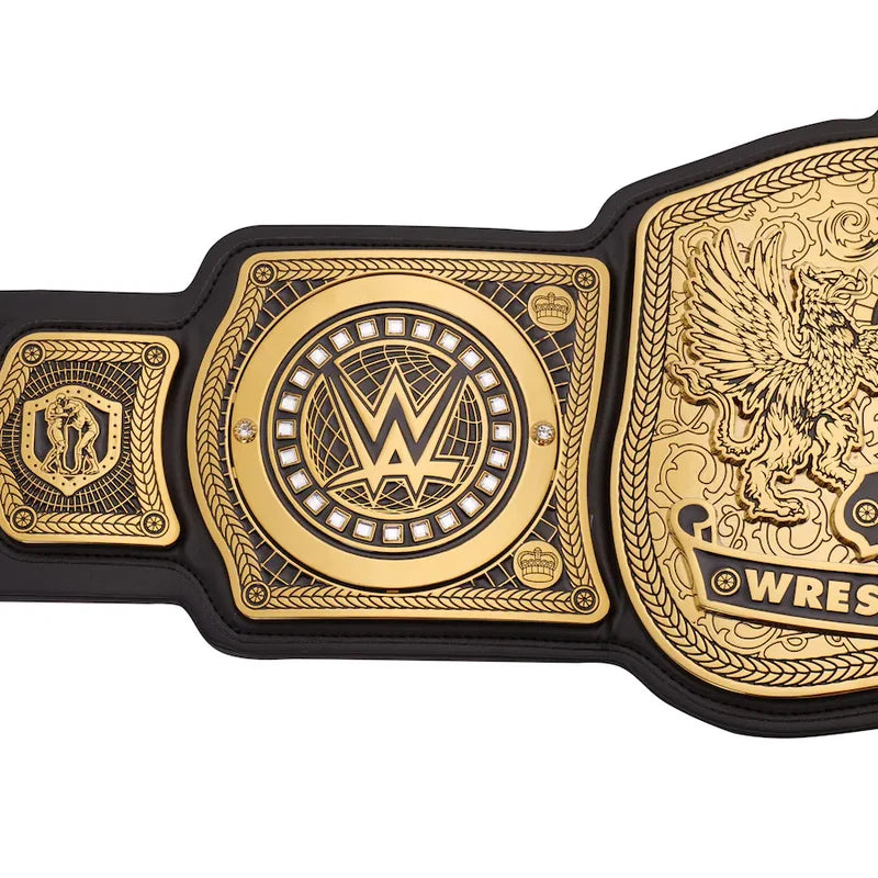 WWE championship belt with gold and black design on a white background