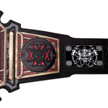 Wrestling championship belt with red and gold accents on a white background