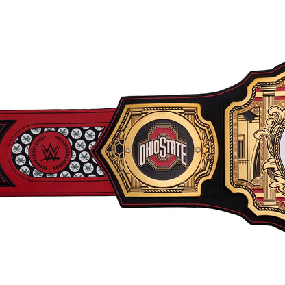 Wrestling championship belt with Ohio State and WWE logos on a white background