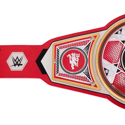 WWE championship belt with red, gold, and black design on a white background