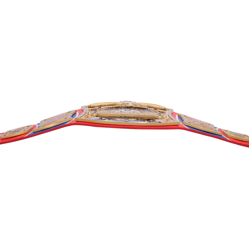 A close-up of a championship belt with a gold central plaque and red straps, shown against a plain white background.