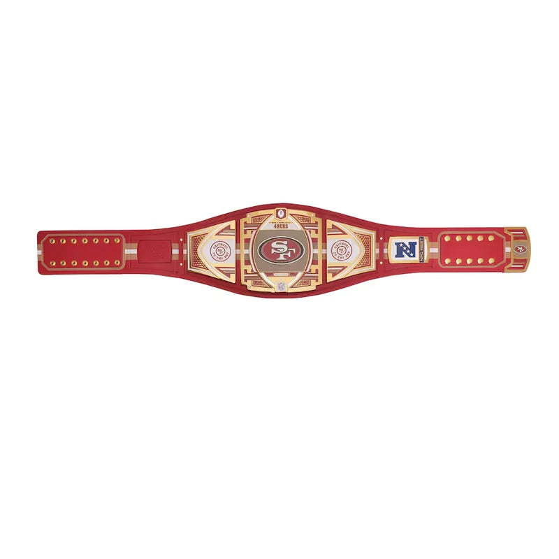 Red championship belt with logos on a white background