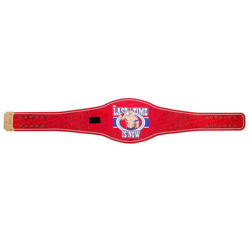Red championship belt with a logo and text on a white background