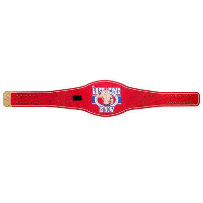 Red championship belt with a logo and text on a white background