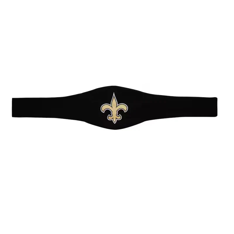 A black athletic headband featuring the embroidered New Orleans Saints fleur-de-lis logo in gold and white, set against a plain white background.