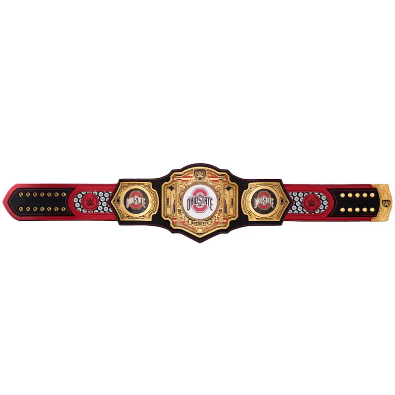 A replica Ohio State Buckeyes championship belt with red and black straps, gold-plated metal plates, and the Ohio State logo in the center, shown against a plain white background.