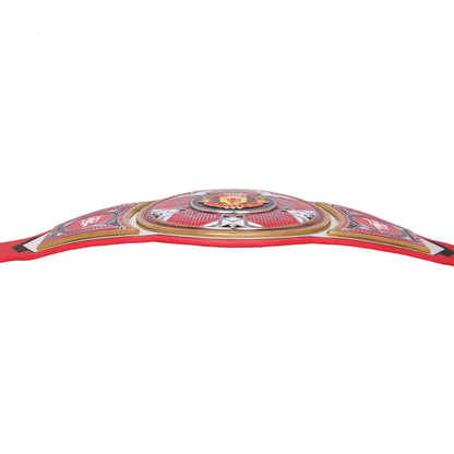 A red and gold championship belt with silver and white details, photographed against a solid white background.