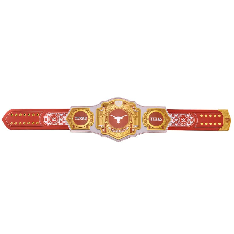 A toy championship belt featuring red and gold sections with white details, including the words 'TEXAS' and a longhorn logo in the center, shown against a plain white background.
