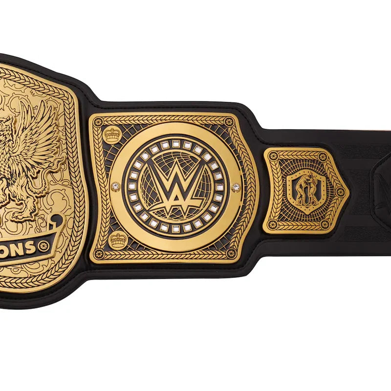 WWE championship belt with gold and black design on a white background