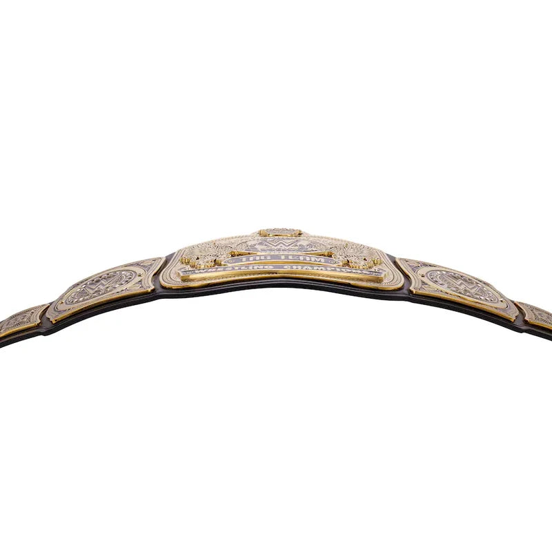 Championship belt with gold and black design on a white background