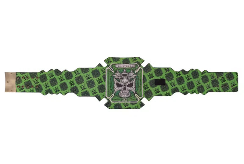 A green and black patterned championship belt with a central silver and black eagle emblem, displayed horizontally on a white background.