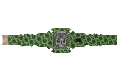 A green and black patterned championship belt with a central silver and black eagle emblem, displayed horizontally on a white background.