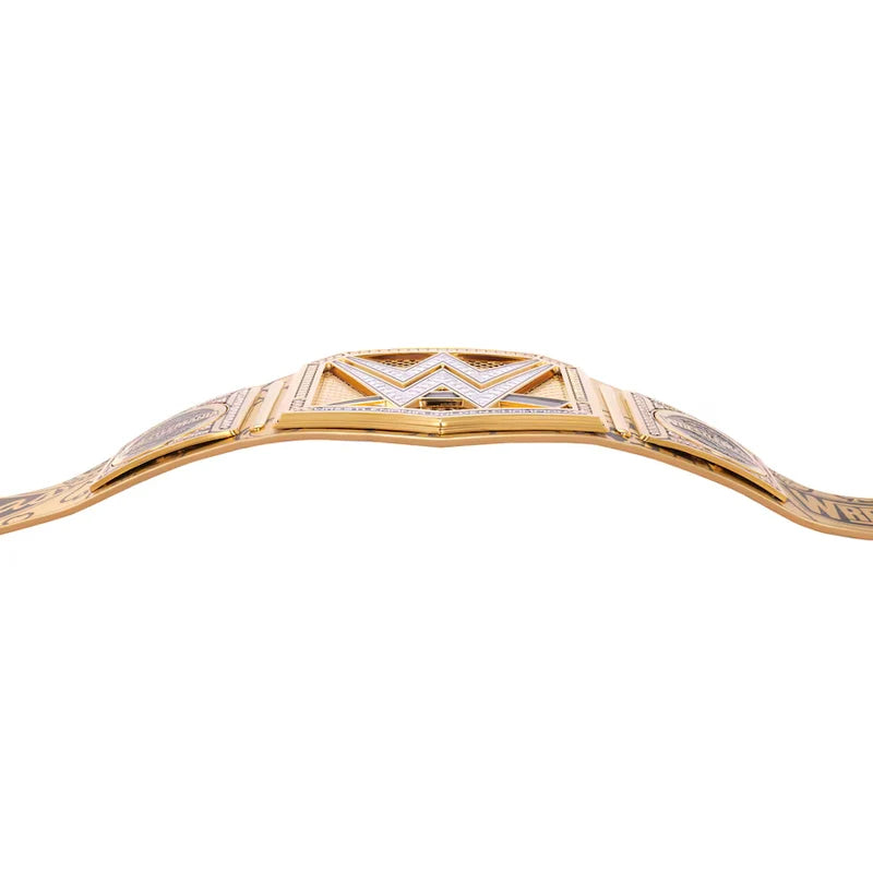 A gold championship belt with a large central 'W' buckle, set against a plain white background.
