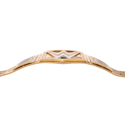 A gold championship belt with a large central 'W' buckle, set against a plain white background.
