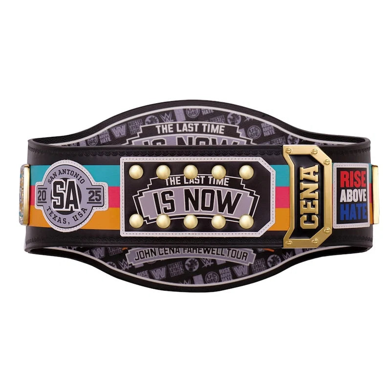 Wrestling championship belt with colorful design and text on a white background
