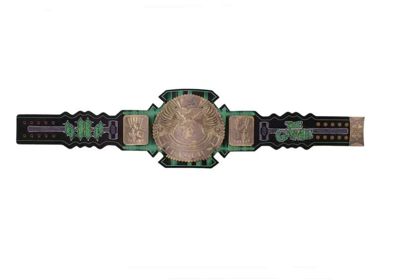 Wrestling championship belt with green and black design on a white background