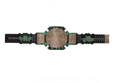 Wrestling championship belt with green and black design on a white background