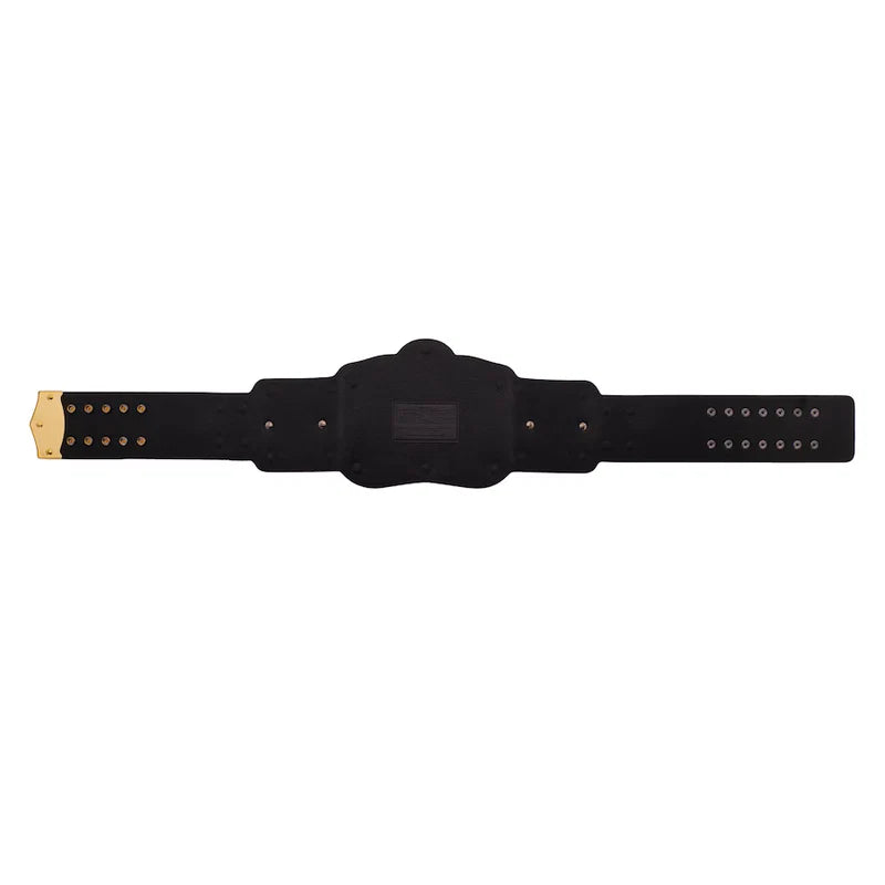 Black belt with gold hardware on a white background