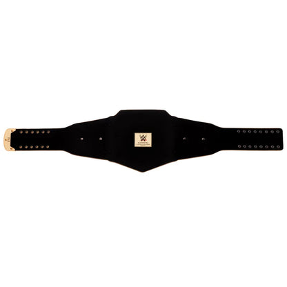 A black wrestling championship belt with gold-tone hardware and a central gold plaque featuring a 'W' logo, displayed horizontally on a solid white background.
