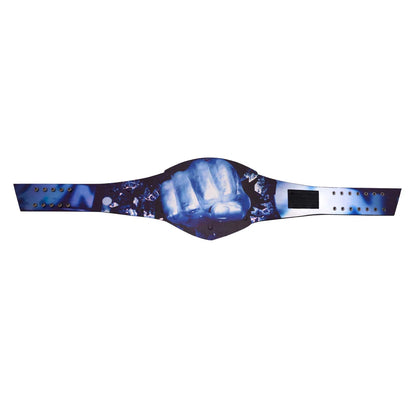 Wristband with blue and black design on a white background