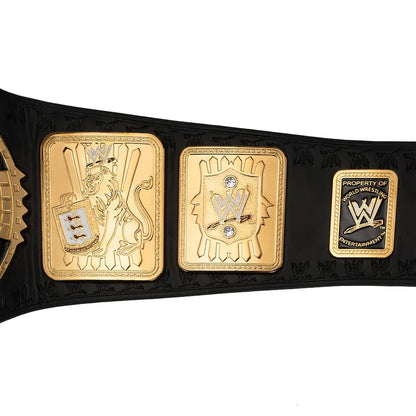 A close-up of a WWE championship belt featuring three ornate gold-tone plates on a black textured strap, with the WWE logo and 'Property of WWE' visible on the right plate.