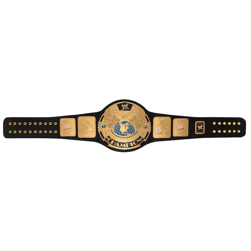 Wrestling championship belt with a black strap and gold-toned plates, featuring WWE branding and a central eagle emblem on a plain white background.