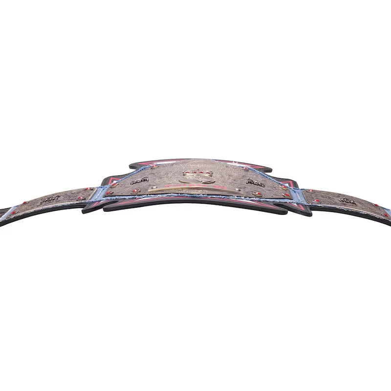 A WWE 'Attitude' World Heavyweight Championship belt featuring a dark navy blue and red patterned fabric with a silver WWE logo in the center, displayed horizontally on a white background.