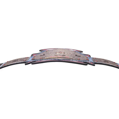 A WWE 'Attitude' World Heavyweight Championship belt featuring a dark navy blue and red patterned fabric with a silver WWE logo in the center, displayed horizontally on a white background.