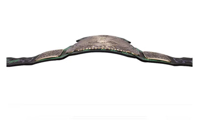 A championship belt with a large central plate featuring a textured metallic design, flanked by two smaller matching plates and black straps with green trim, shown against a plain white background.