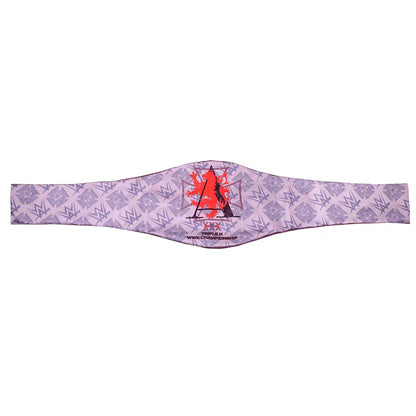 A purple and lavender patterned championship belt featuring a red and black WWE logo in the center, displayed horizontally against a plain white background.