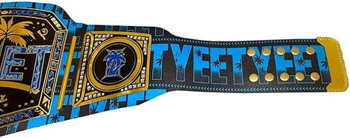 A WWE 'Tye Tyler' Championship belt replica with a black, blue, and gold tropical palm tree design, shown on a plain white background.