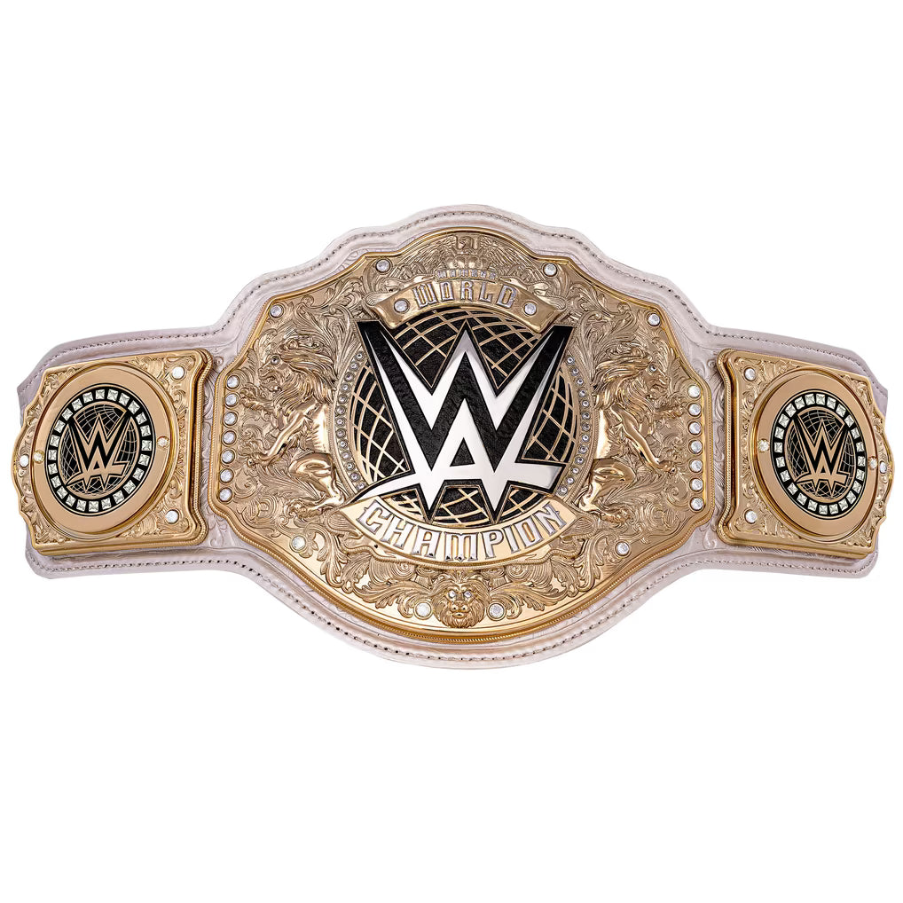 WWE Championship belt featuring a large central plate with the WWE logo, flanked by two smaller circular medallions, on a white and gold ornate strap against a plain white background.