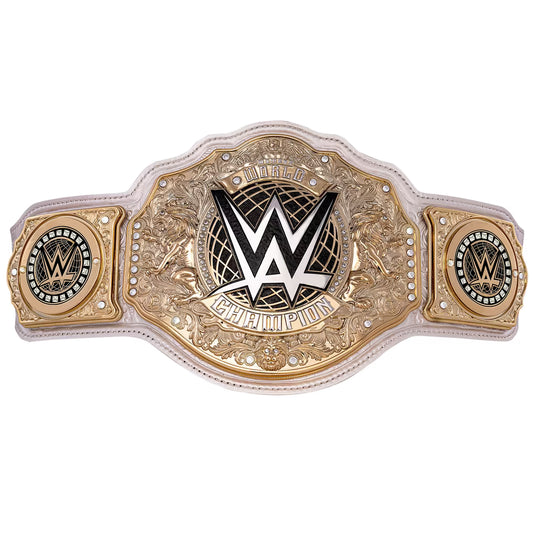 WWE Championship belt featuring a large central plate with the WWE logo, flanked by two smaller circular medallions, on a white and gold ornate strap against a plain white background.